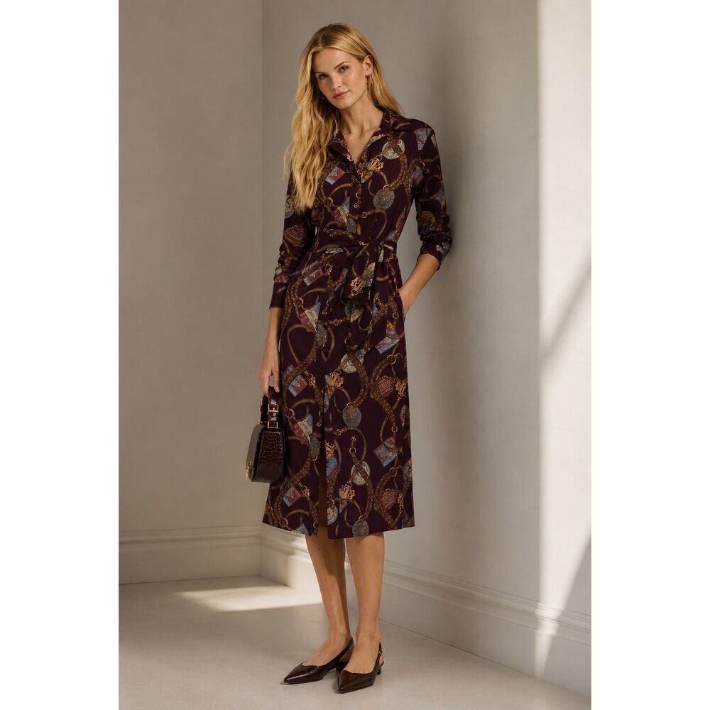Lauren Ralph Lauren Equestrian Chain Print Belted Midi Shirt Dress, $325 Sz 4